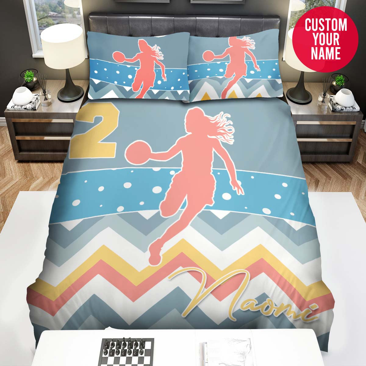 BlueJose Personalized Girl Playing Basketball Custom Name Duvet Cover Bedding Set