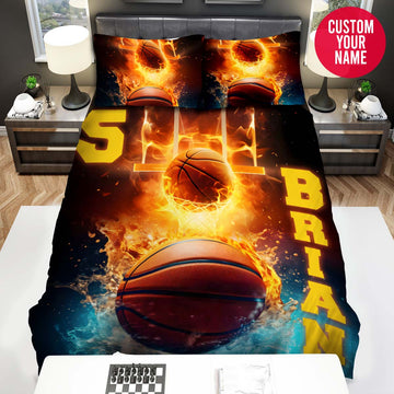 BlueJose Personalized Basketball Ball With Fire Background Custom Name Duvet Cover Bedding Set