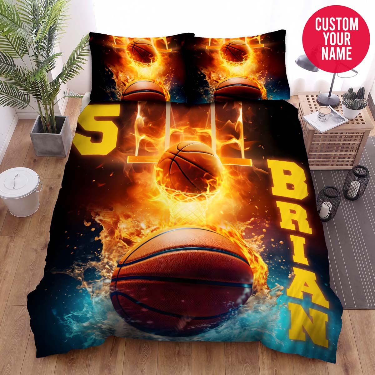 BlueJose Personalized Basketball Ball With Fire Background Custom Name Duvet Cover Bedding Set