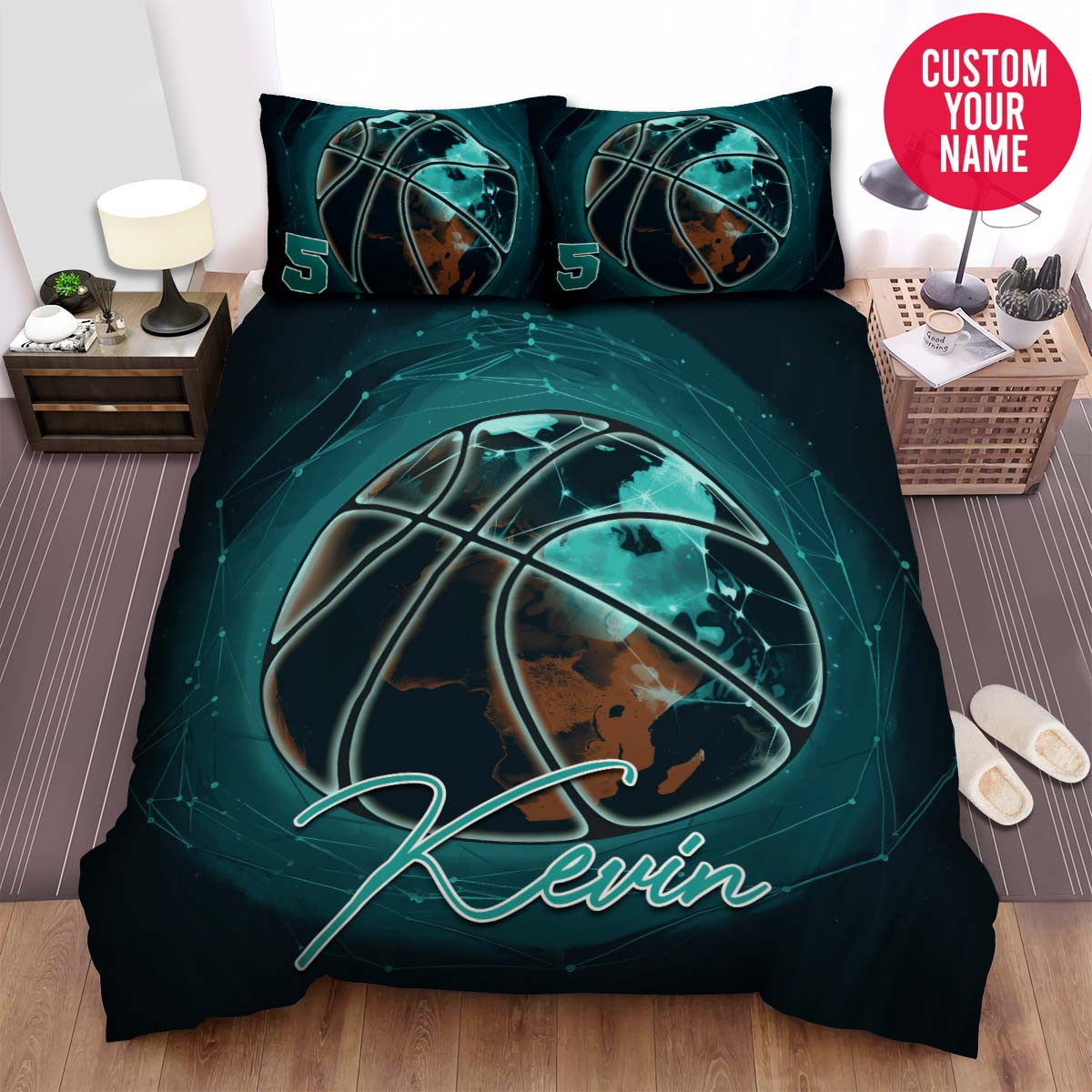 BlueJose Personalized Basketball Green Earth Galaxy Custom Name Duvet Cover Bedding Set