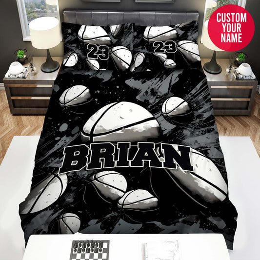 BlueJose Personalized Basketball Balls Black And White Custom Name Duvet Cover Bedding Set