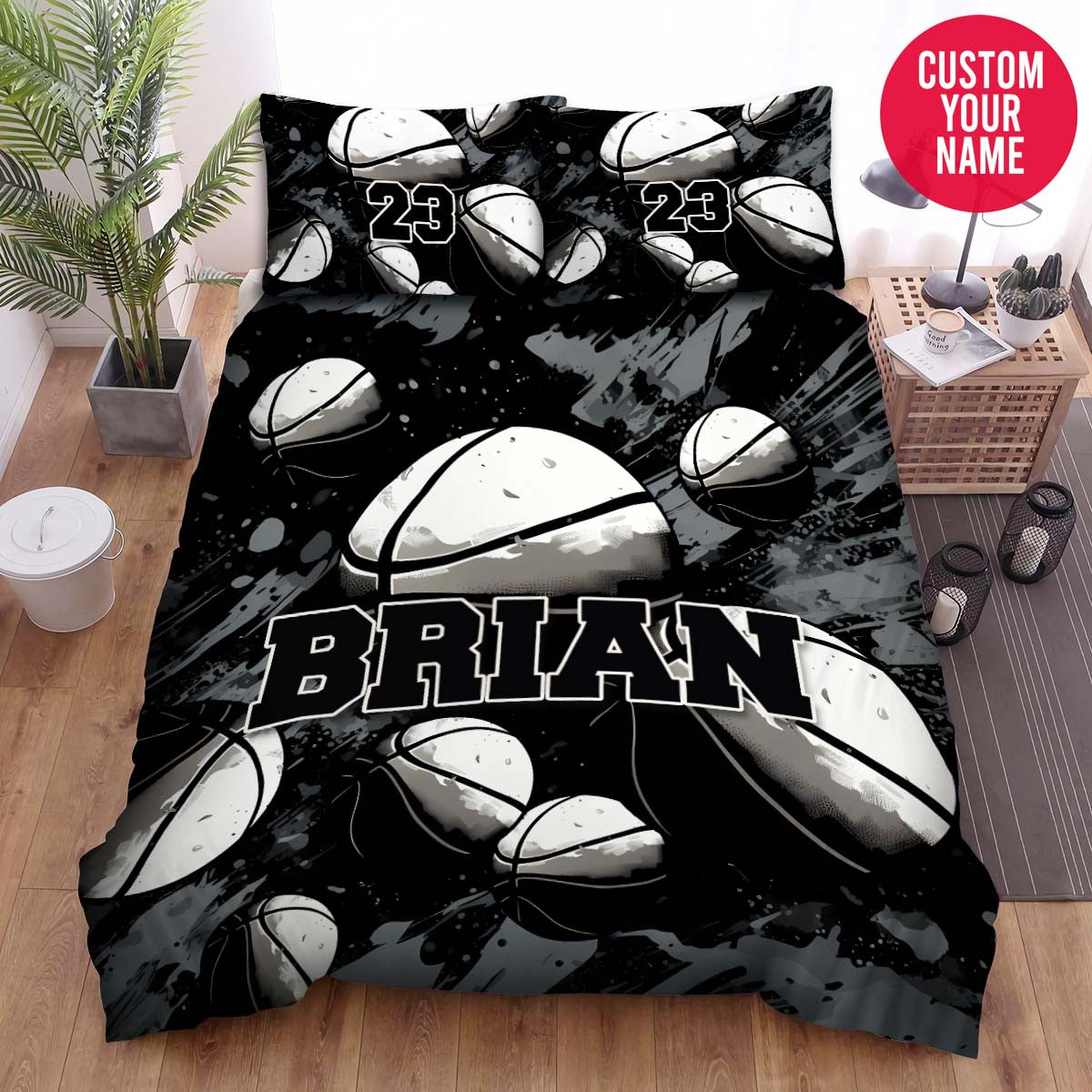 BlueJose Personalized Basketball Balls Black And White Custom Name Duvet Cover Bedding Set
