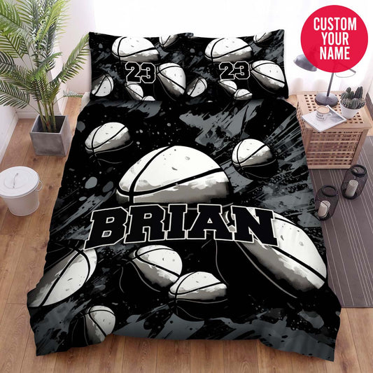 BlueJose Personalized Basketball Balls Black And White Custom Name Duvet Cover Bedding Set