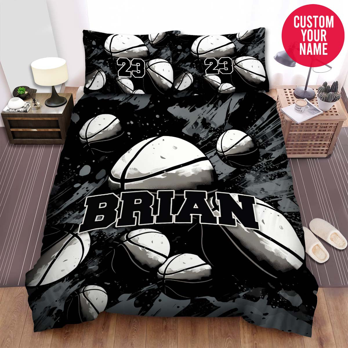 BlueJose Personalized Basketball Balls Black And White Custom Name Duvet Cover Bedding Set