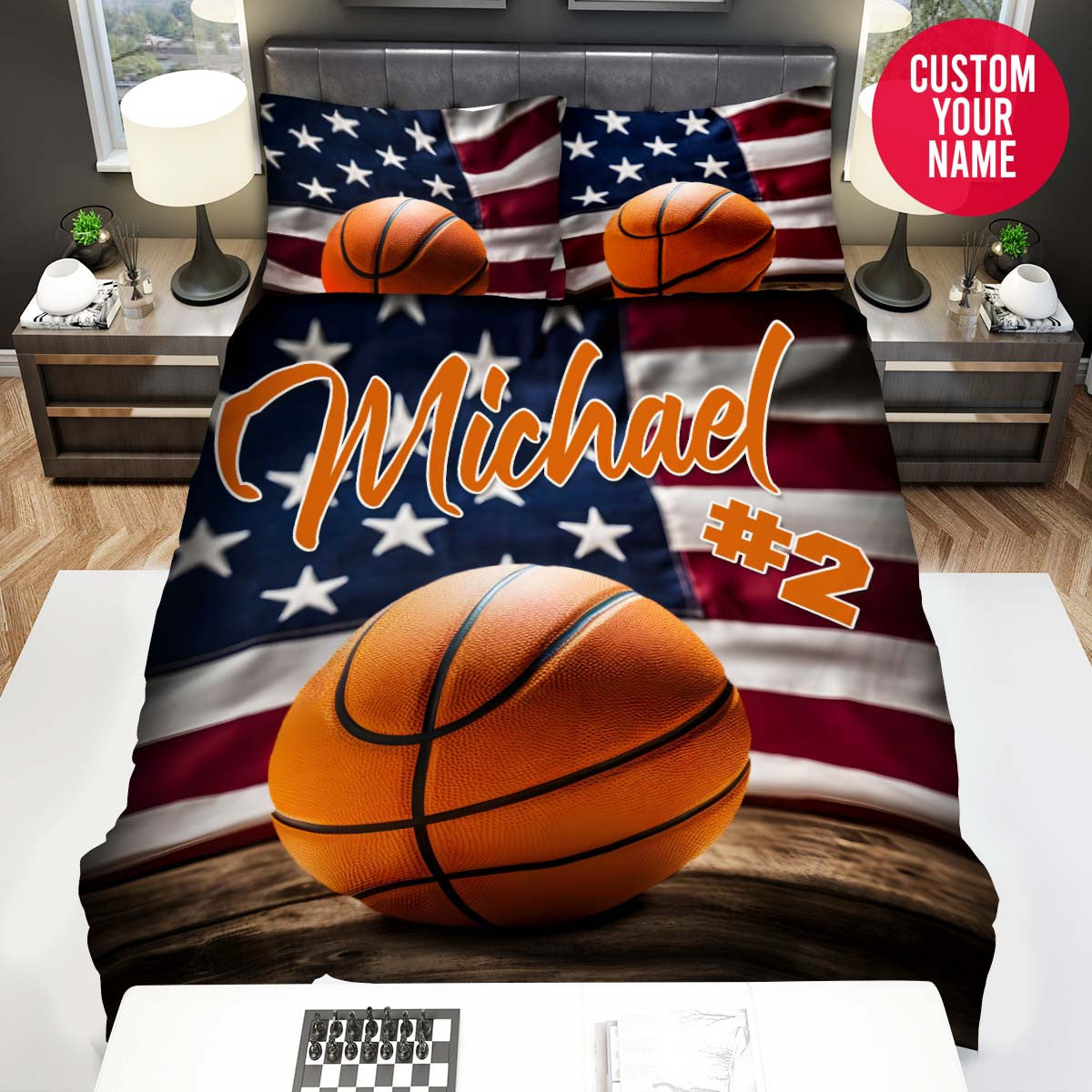 BlueJose Personalized Basketball With American Flag Background Duvet Cover Bedding Set