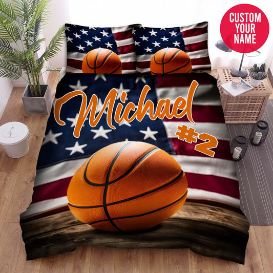 BlueJose Personalized Basketball With American Flag Background Duvet Cover Bedding Set