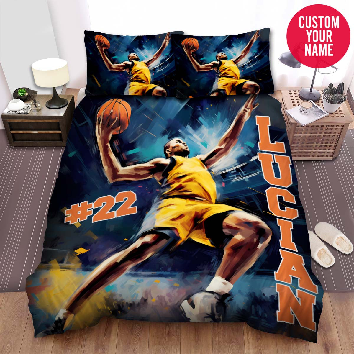 BlueJose Personalized Basketball Player On Court Artwork Custom Name Duvet Cover Bedding Set