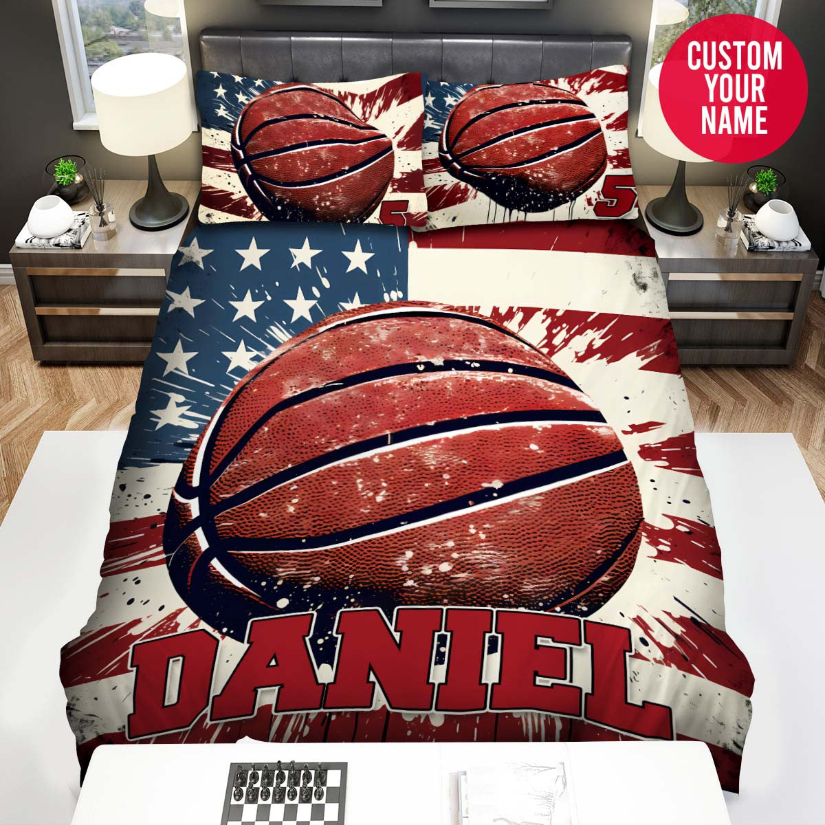 BlueJose Personalized Basketball Ball And Us Flag Vintage Custom Name Duvet Cover Bedding Set