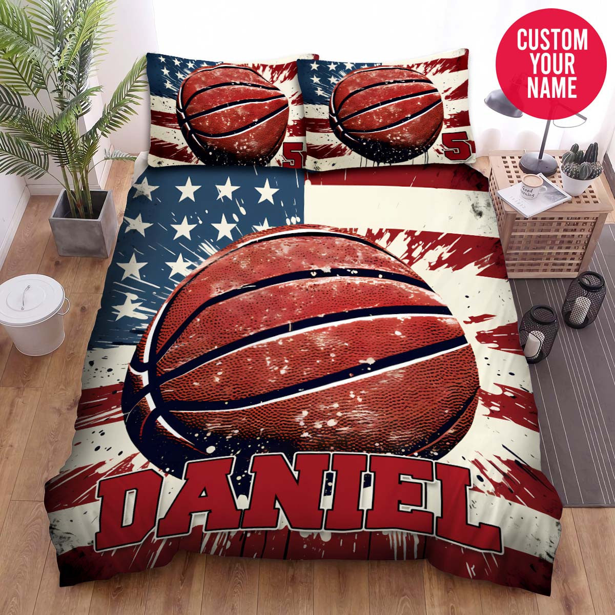 BlueJose Personalized Basketball Ball And Us Flag Vintage Custom Name Duvet Cover Bedding Set