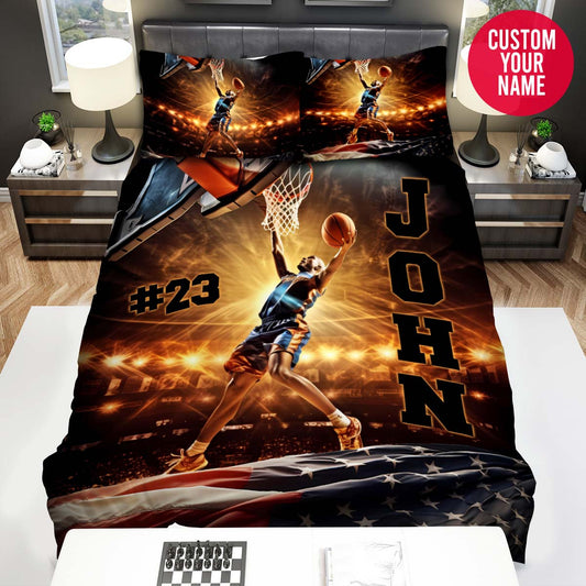 BlueJose Personalized Basketball Player And American Flag Custom Name Duvet Cover Bedding Set