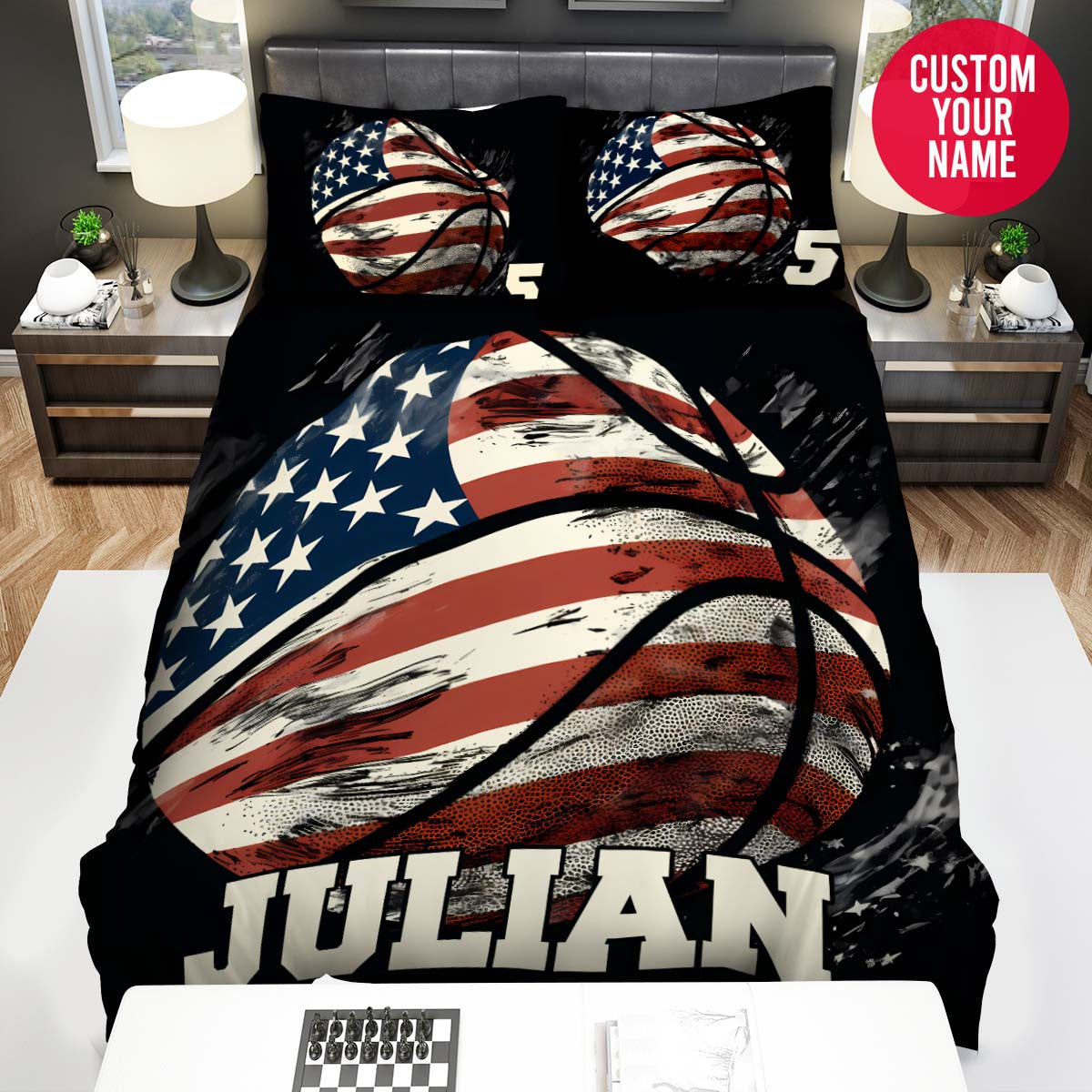 BlueJose Personalized American Flag Basketball Artwork Custom Name Duvet Cover Bedding Set