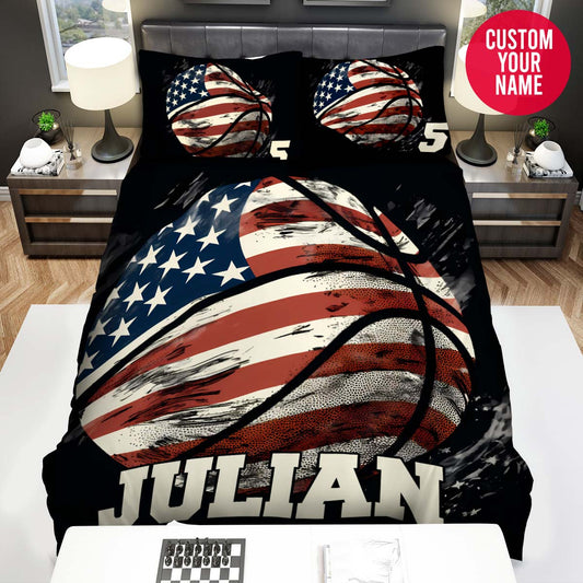 BlueJose Personalized American Flag Basketball Artwork Custom Name Duvet Cover Bedding Set