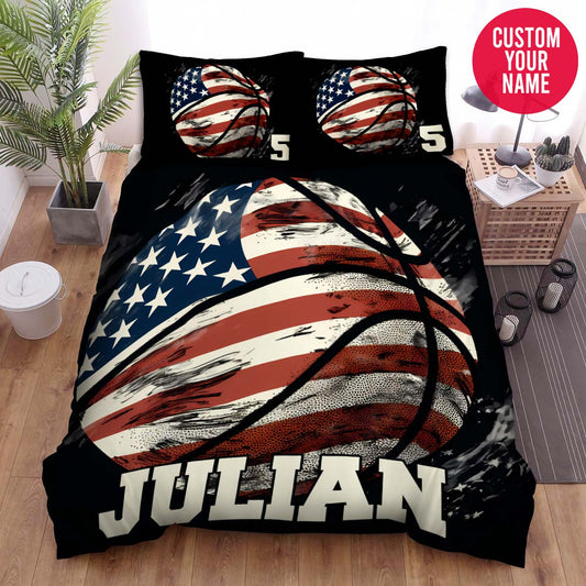 BlueJose Personalized American Flag Basketball Artwork Custom Name Duvet Cover Bedding Set
