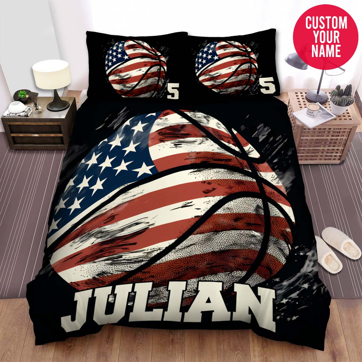BlueJose Personalized American Flag Basketball Artwork Custom Name Duvet Cover Bedding Set