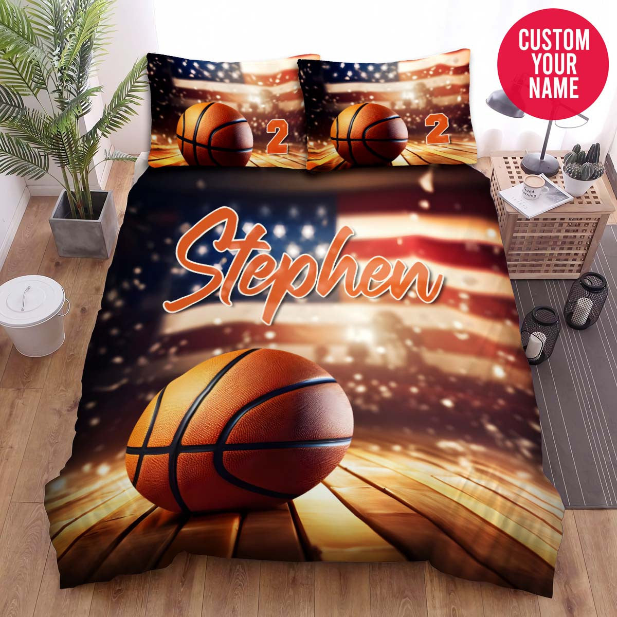 BlueJose Personalized Basketball Magic With American Flag Custom Name Duvet Cover Bedding Set
