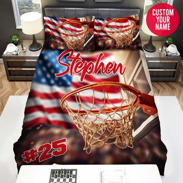 BlueJose Personalized Basketball Hoop With American Flag Custom Name Duvet Cover Bedding Set