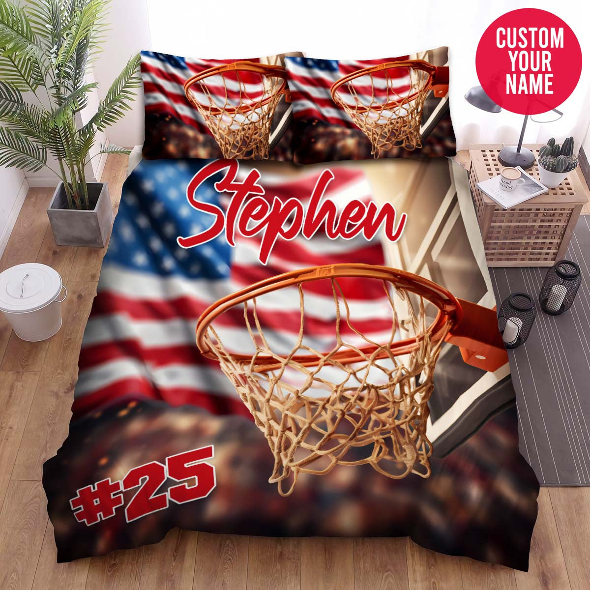 BlueJose Personalized Basketball Hoop With American Flag Custom Name Duvet Cover Bedding Set