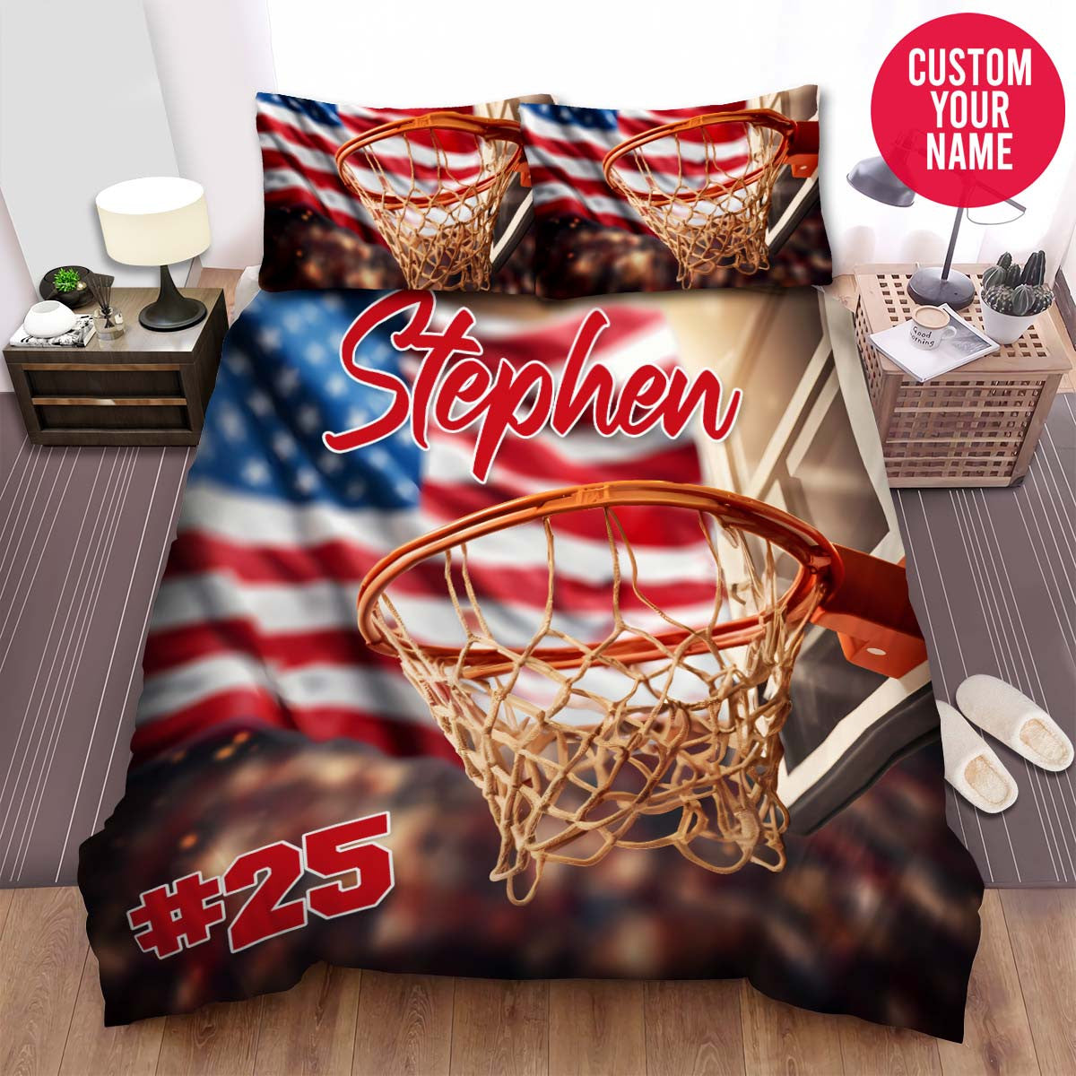 BlueJose Personalized Basketball Hoop With American Flag Custom Name Duvet Cover Bedding Set