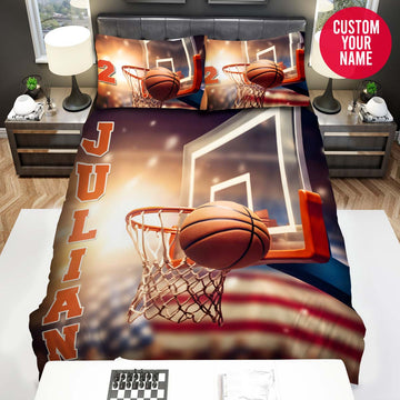 BlueJose Personalized Basketball On Hoop With American Flag Custom Name Duvet Cover Bedding Set