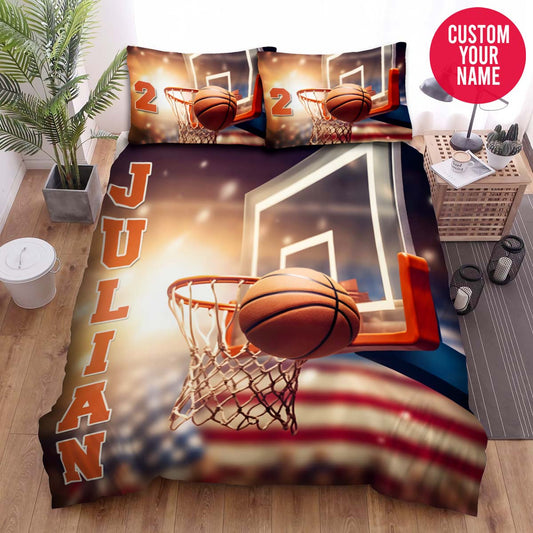 BlueJose Personalized Basketball On Hoop With American Flag Custom Name Duvet Cover Bedding Set