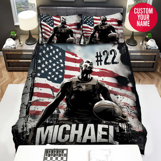 BlueJose Personalized Basketball Player And American Flag Abstract Custom Name Duvet Cover Bedding Set