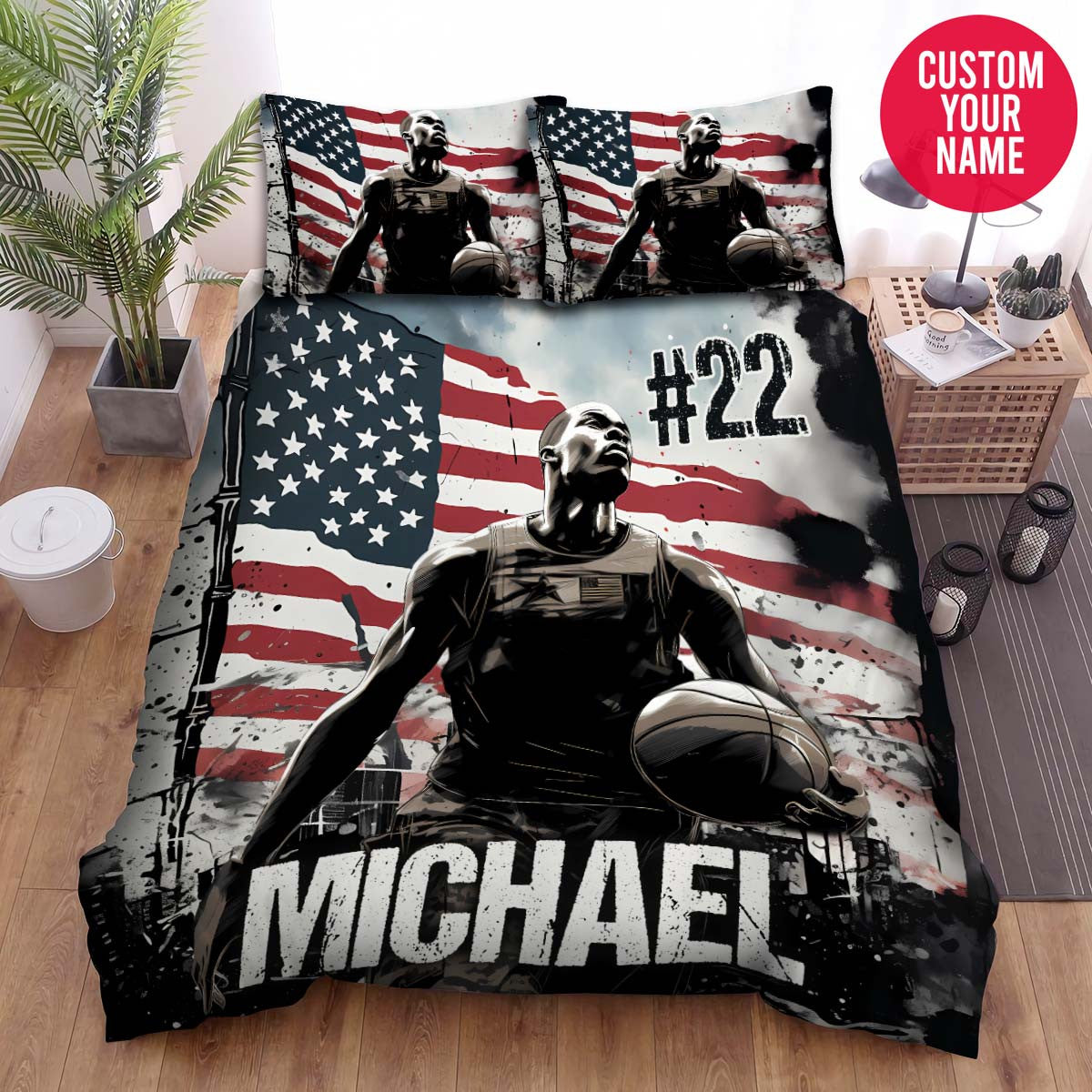 BlueJose Personalized Basketball Player And American Flag Abstract Custom Name Duvet Cover Bedding Set