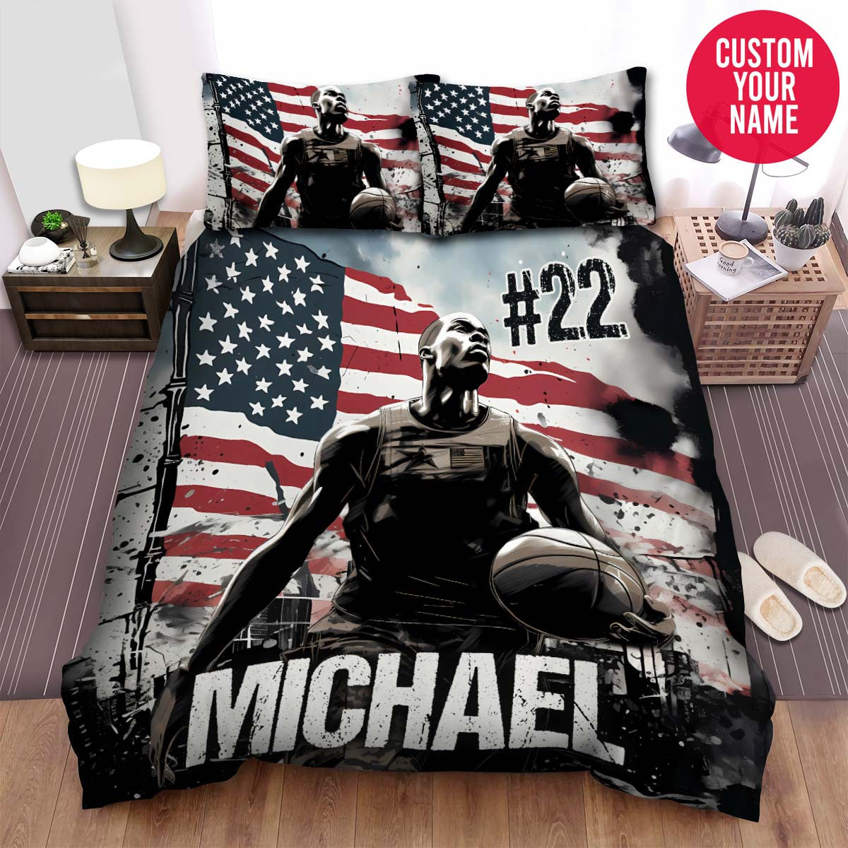 BlueJose Personalized Basketball Player And American Flag Abstract Custom Name Duvet Cover Bedding Set