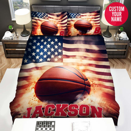 BlueJose Personalized Basketball Ball On American Flag Background Duvet Cover Bedding Set