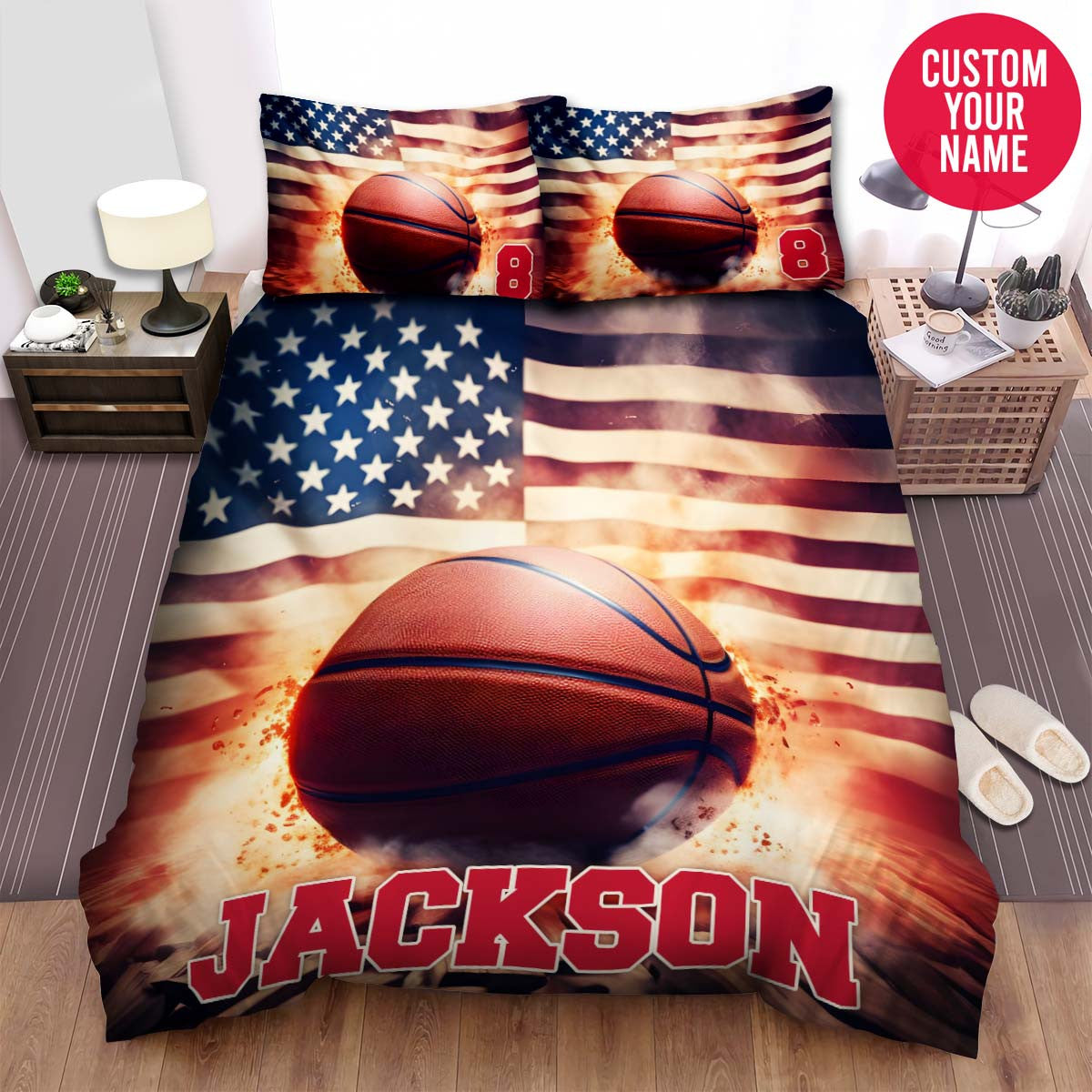 BlueJose Personalized Basketball Ball On American Flag Background Duvet Cover Bedding Set