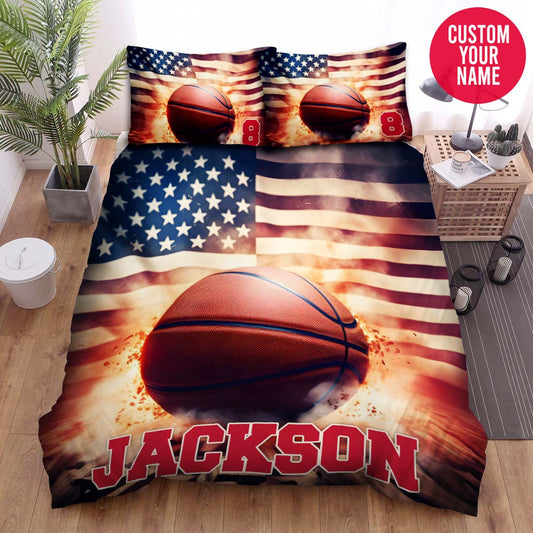 BlueJose Personalized Basketball Ball On American Flag Background Duvet Cover Bedding Set
