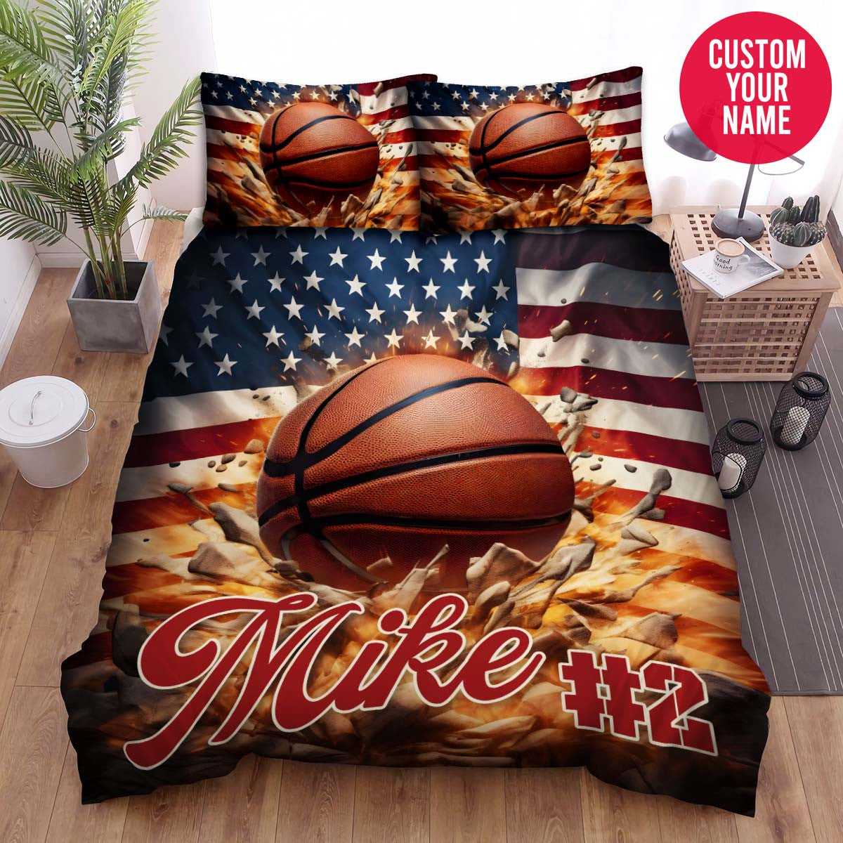 BlueJose Personalized Basketball And American Flag For Baseball Lovers Duvet Cover Bedding Set