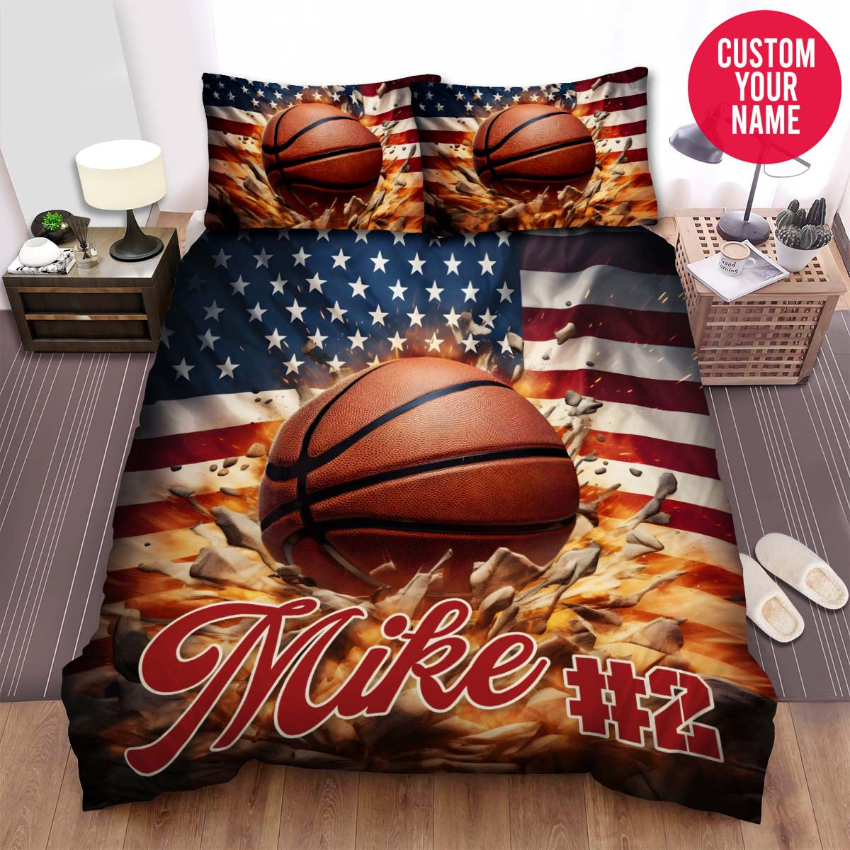 BlueJose Personalized Basketball And American Flag For Baseball Lovers Duvet Cover Bedding Set
