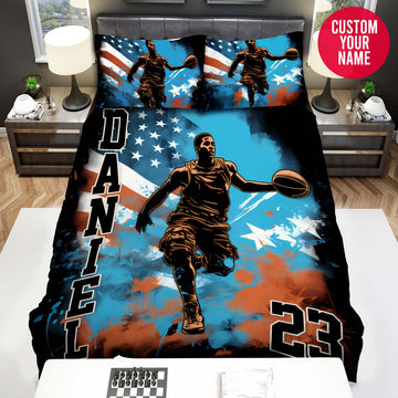 BlueJose Personalized Basketball Players With American Flag Art Custom Name Duvet Cover Bedding Set