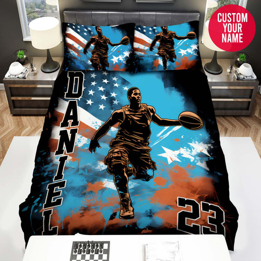 BlueJose Personalized Basketball Players With American Flag Art Custom Name Duvet Cover Bedding Set