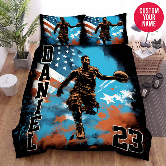 BlueJose Personalized Basketball Players With American Flag Art Custom Name Duvet Cover Bedding Set
