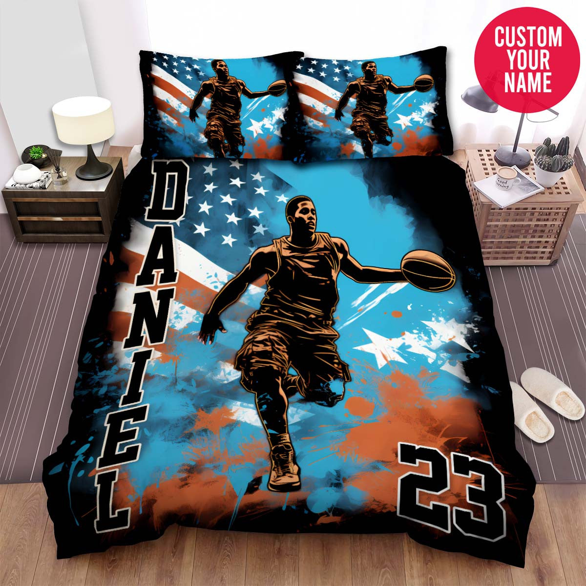 BlueJose Personalized Basketball Players With American Flag Art Custom Name Duvet Cover Bedding Set