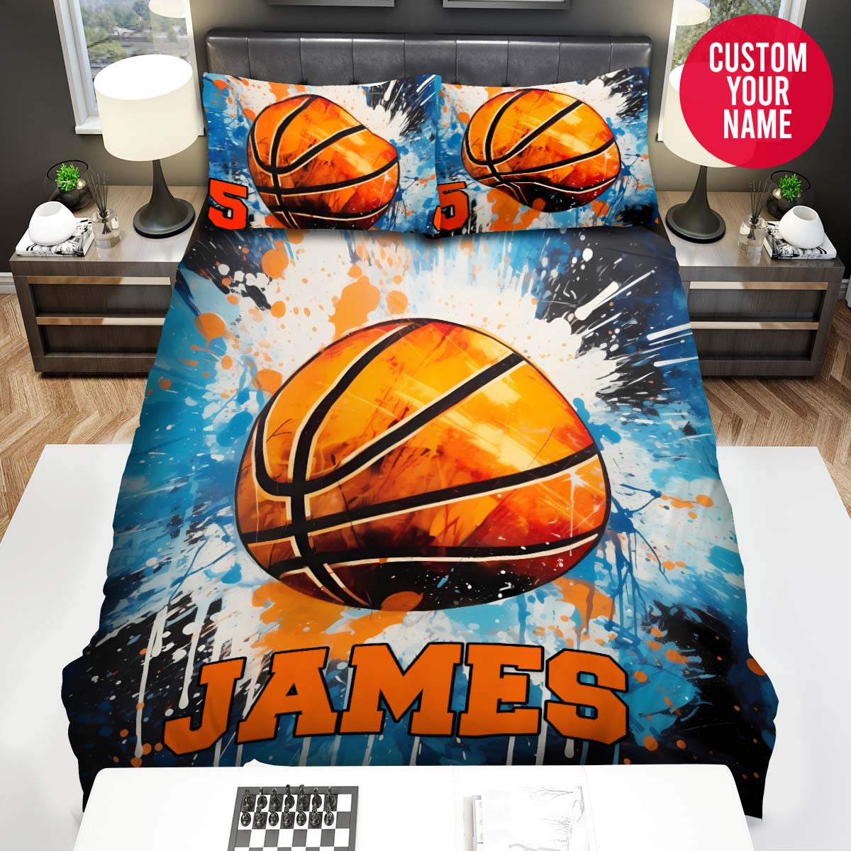 BlueJose Personalized Basketball Ball Illustration Custom Name Duvet Cover Bedding Set