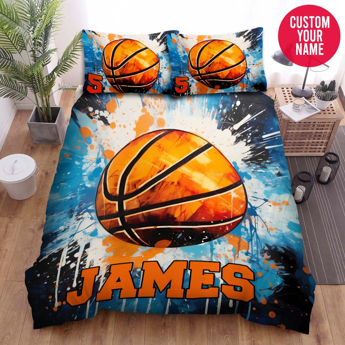 BlueJose Personalized Basketball Ball Illustration Custom Name Duvet Cover Bedding Set