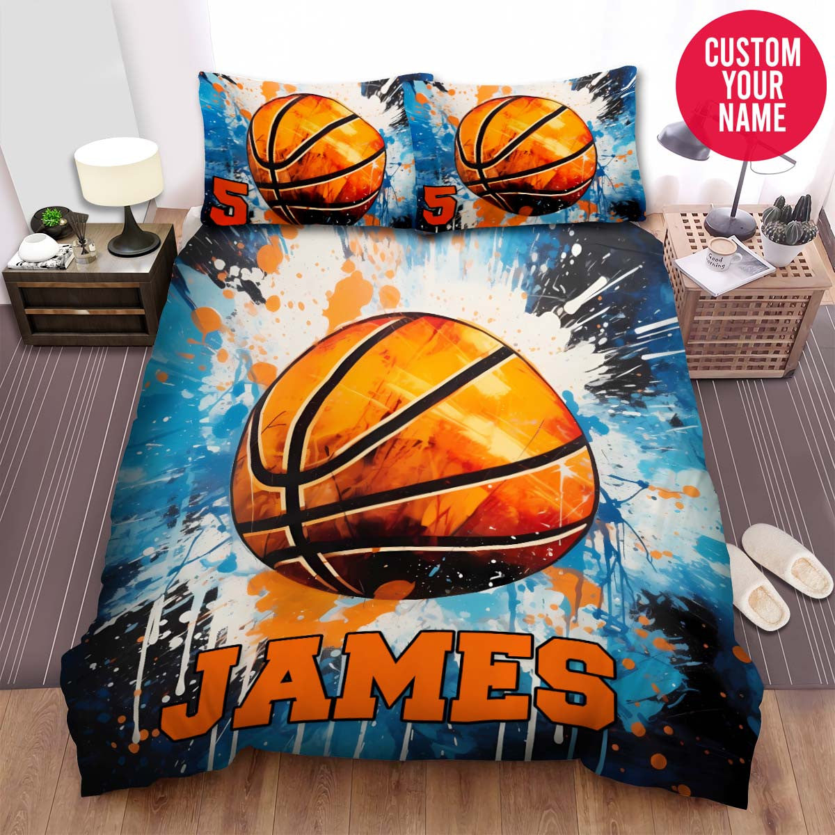 BlueJose Personalized Basketball Ball Illustration Custom Name Duvet Cover Bedding Set