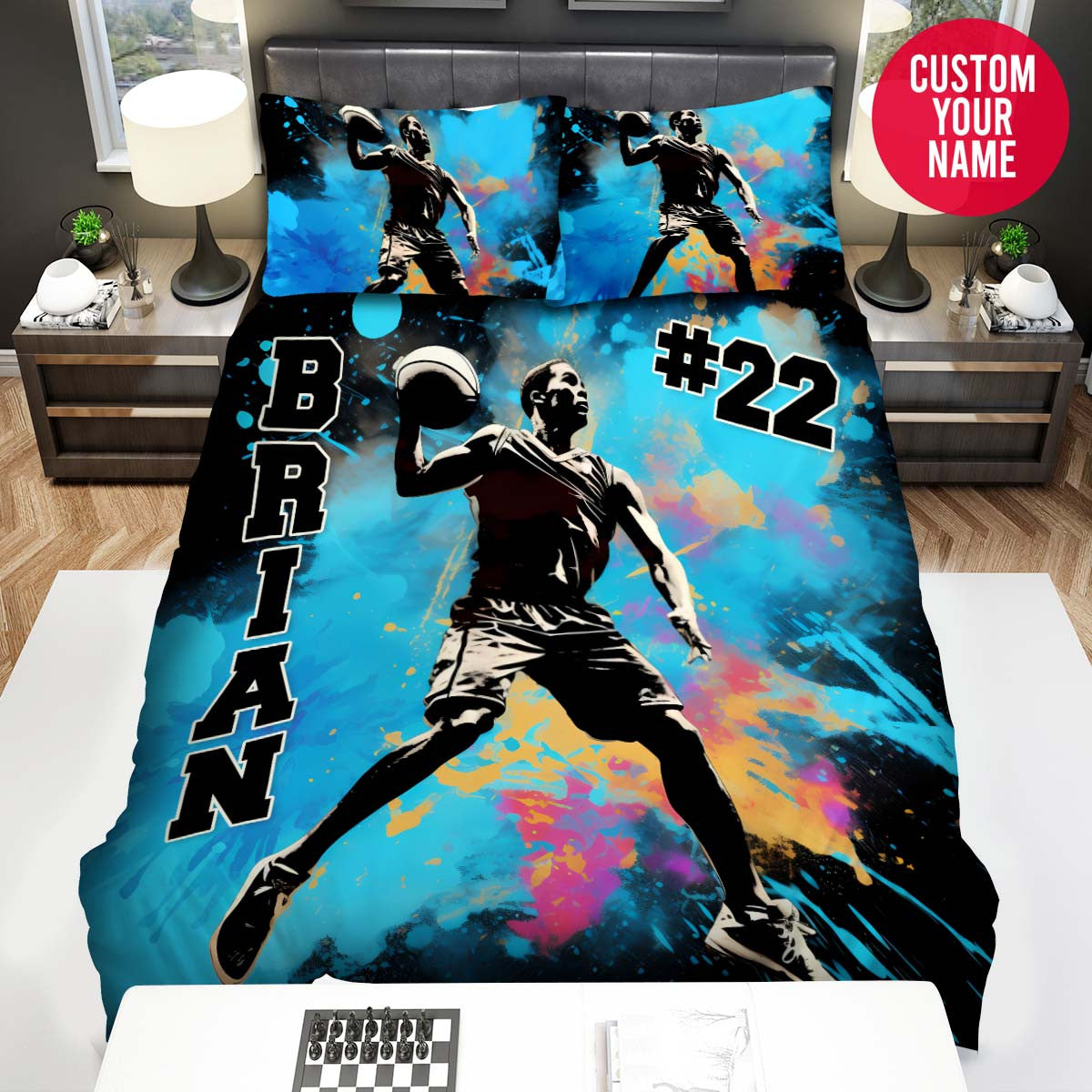 BlueJose Personalized Basketball Player Dunking Illustration Custom Name Duvet Cover Bedding Set