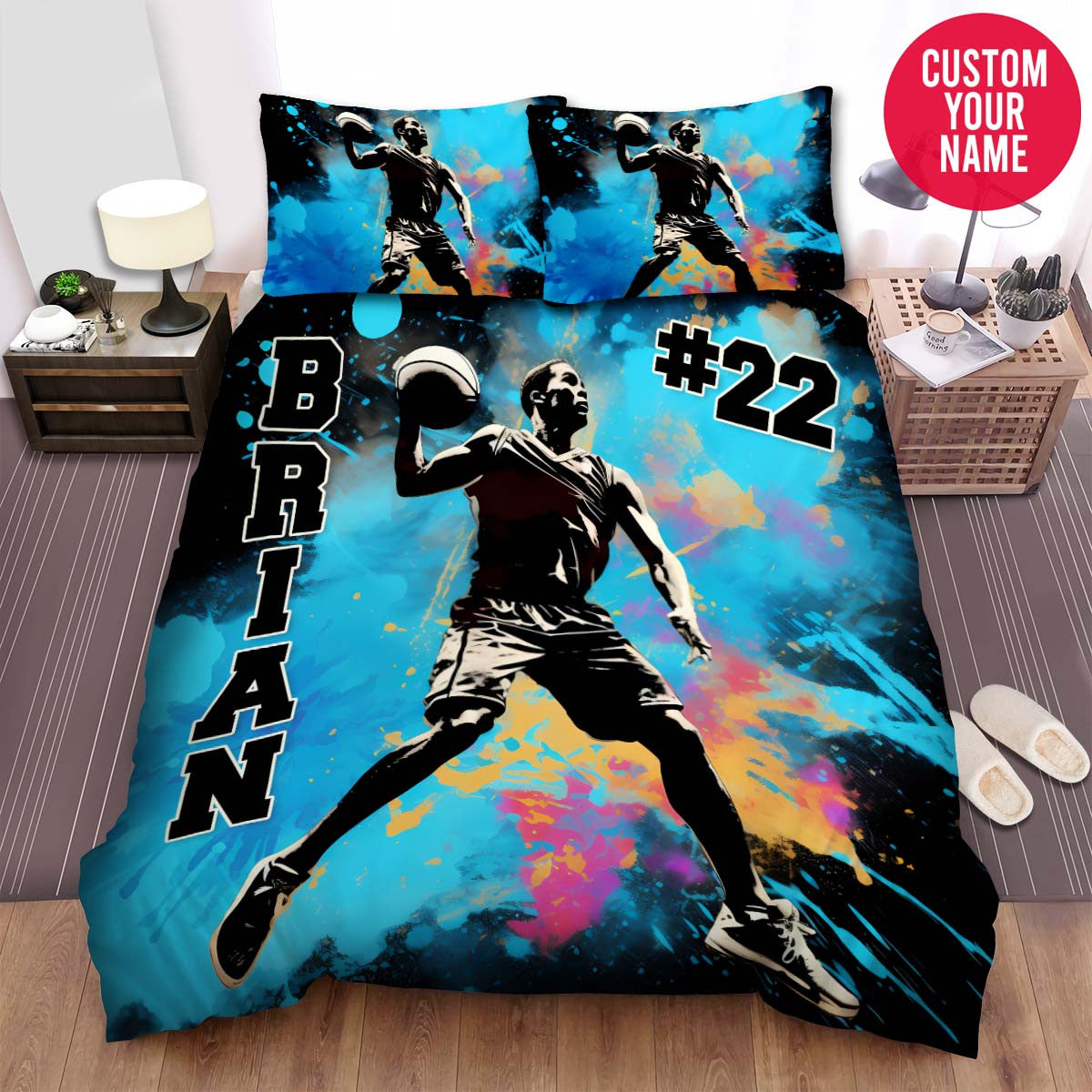 BlueJose Personalized Basketball Player Dunking Illustration Custom Name Duvet Cover Bedding Set