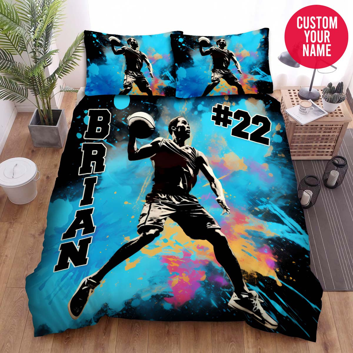 BlueJose Personalized Basketball Player Dunking Illustration Custom Name Duvet Cover Bedding Set