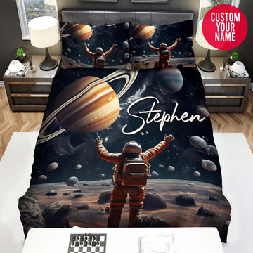 BlueJose Personalized Space Astronaut Playing Basketball With Galaxy Planet Duvet Cover Bedding Set