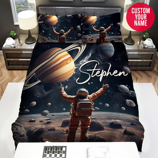 BlueJose Personalized Space Astronaut Playing Basketball With Galaxy Planet Duvet Cover Bedding Set
