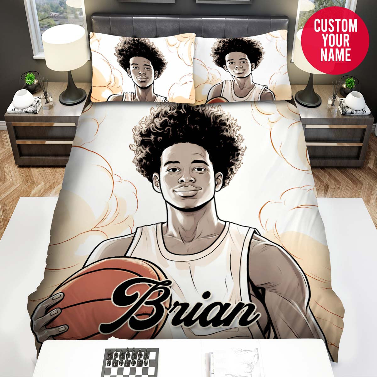 BlueJose Personalized Black Boy Hold Basketball Ball Illustration Duvet Cover Bedding Set