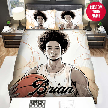 BlueJose Personalized Black Boy Hold Basketball Ball Illustration Duvet Cover Bedding Set