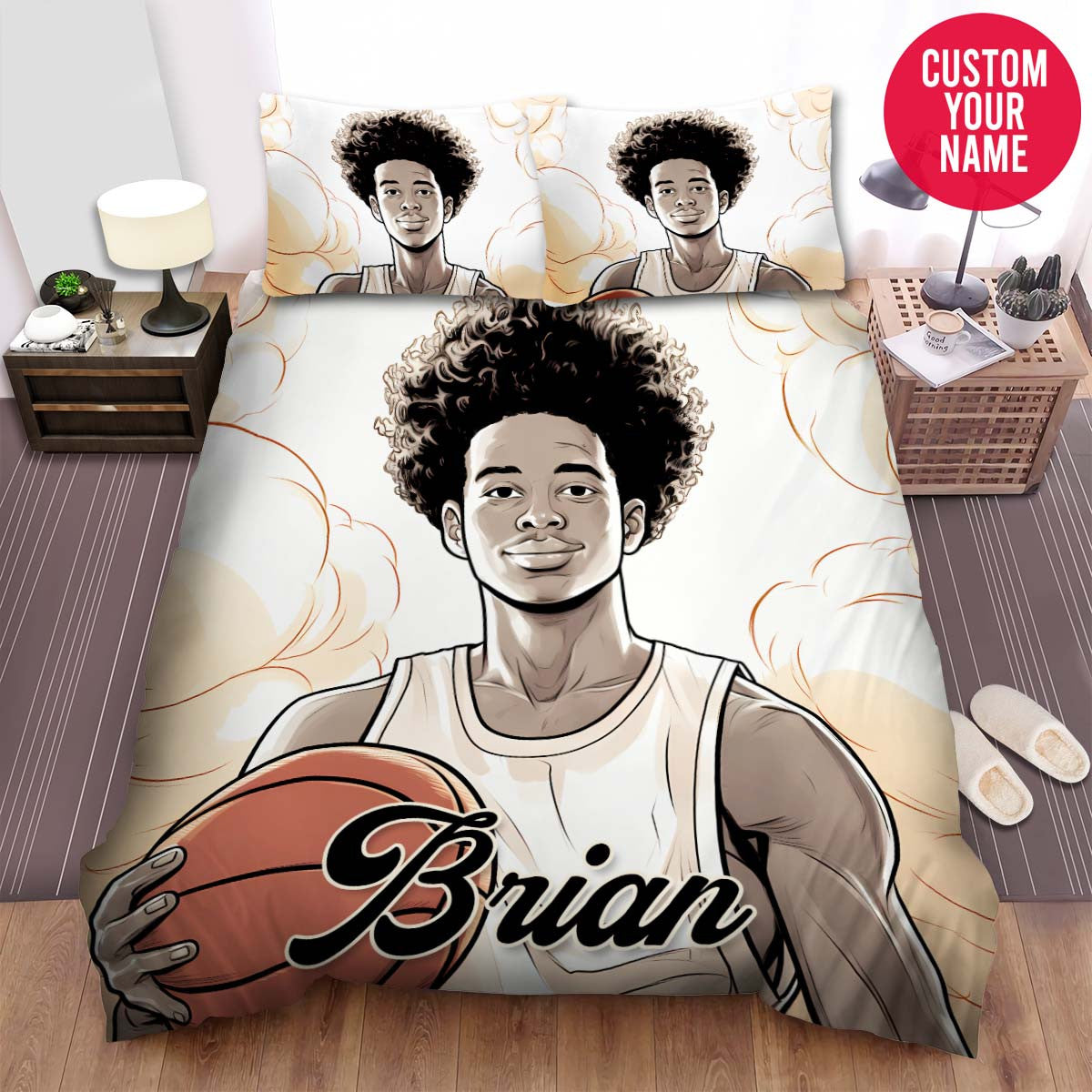 BlueJose Personalized Black Boy Hold Basketball Ball Illustration Duvet Cover Bedding Set