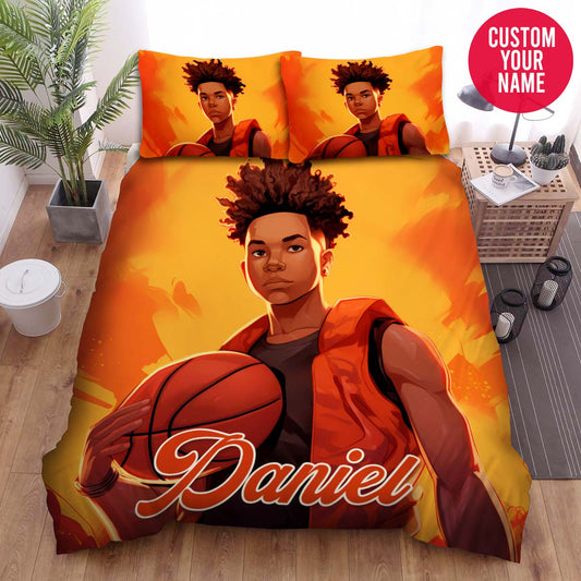 BlueJose Personalized Black Boy Hold Basketball Ball Art Custom Name Duvet Cover Bedding Set