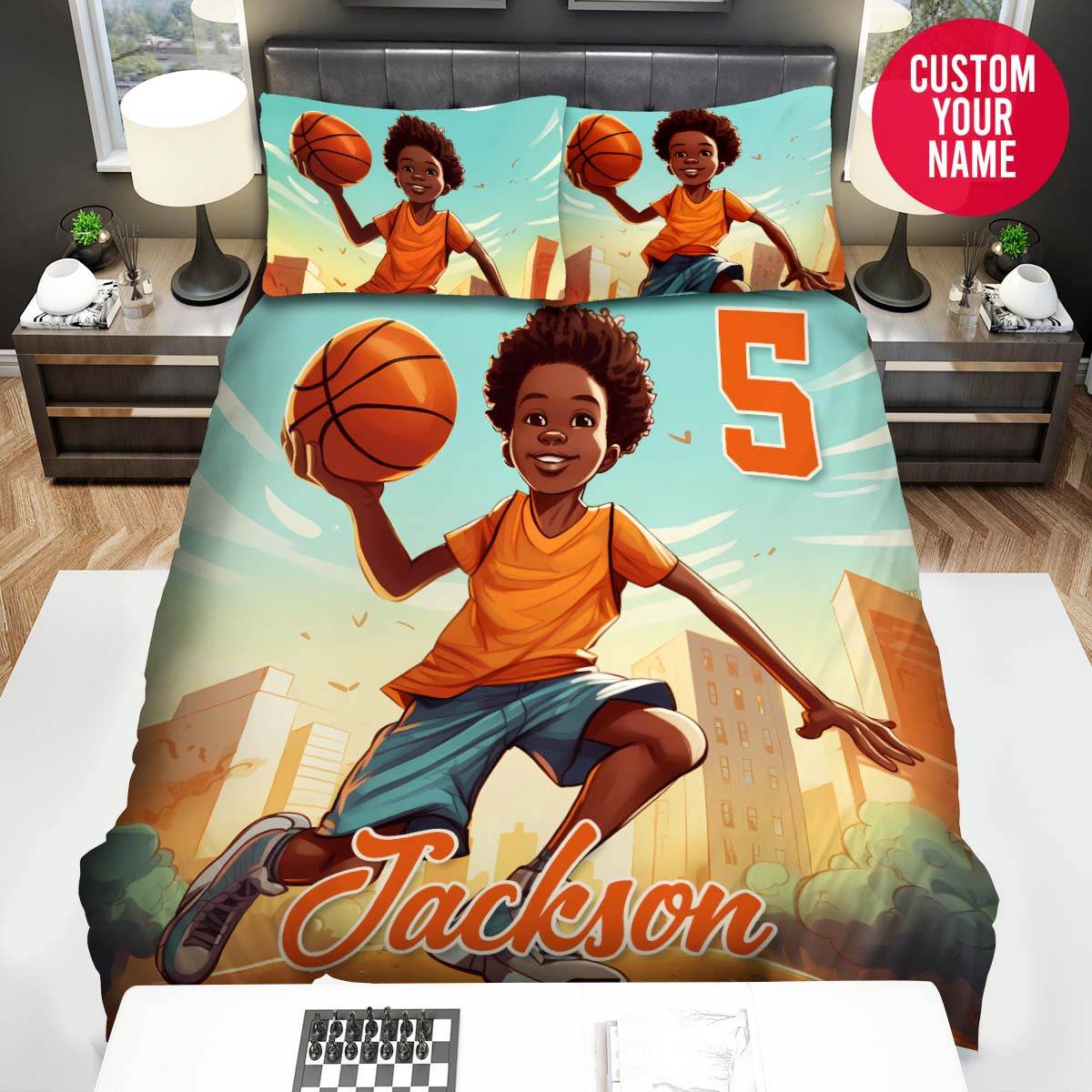 BlueJose Personalized Little Black Boy Playing Basketball Custom Name Duvet Cover Bedding Set
