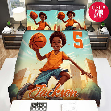 BlueJose Personalized Little Black Boy Playing Basketball Custom Name Duvet Cover Bedding Set